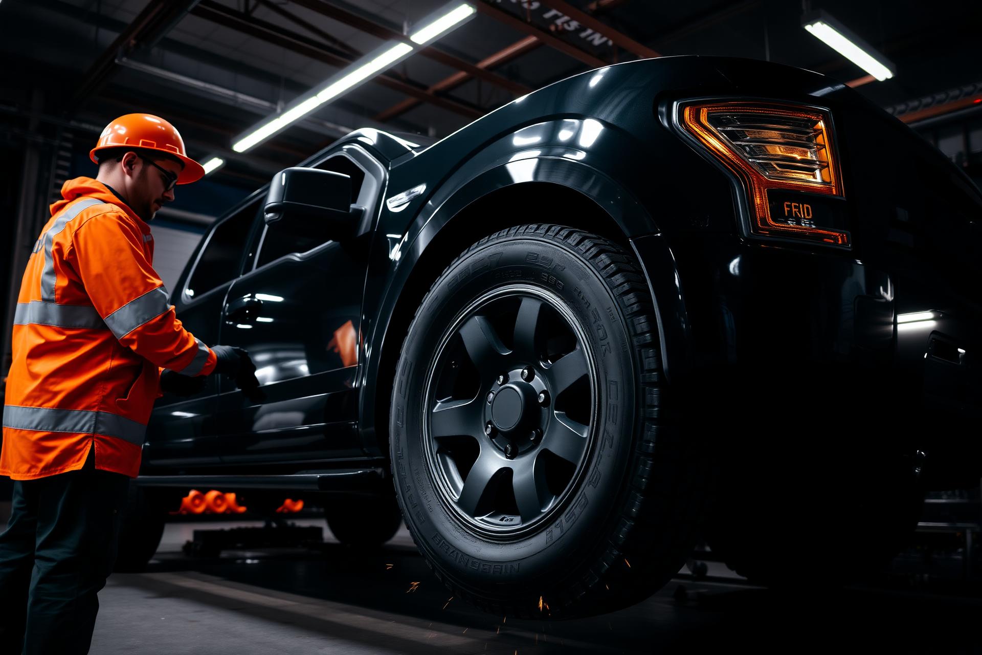 Technician servicing a pickup truck tire at Vegas Flat Shop in Amarillo Texas